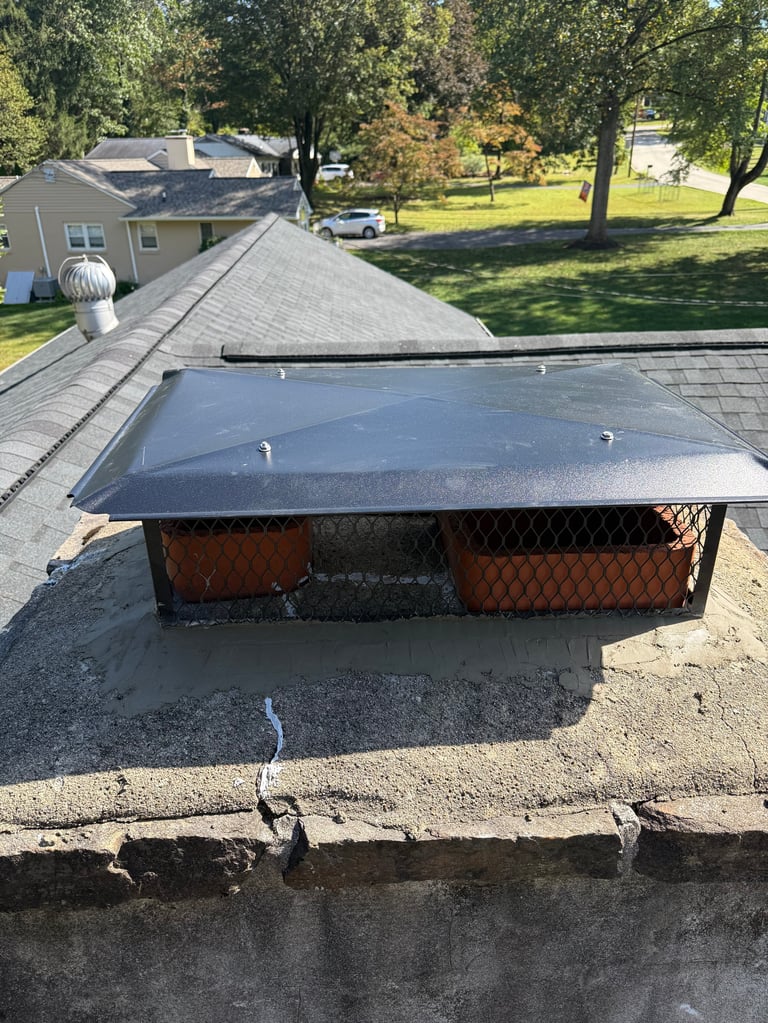 Roof-mounted truck bed cover with dark exterior above a pickup truck parked in a residential driveway with trees and house visible
