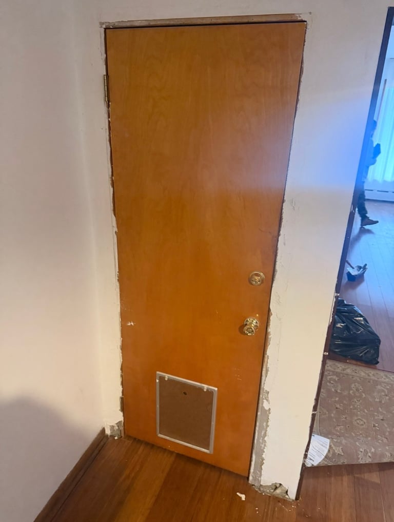 Orange wooden door with small white pet door cutout, leaning against white wall indoors