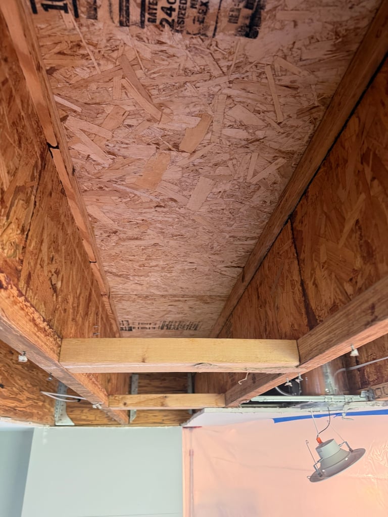 Interior view of wooden framed structure under construction with OSB sheathing and exposed wooden beams