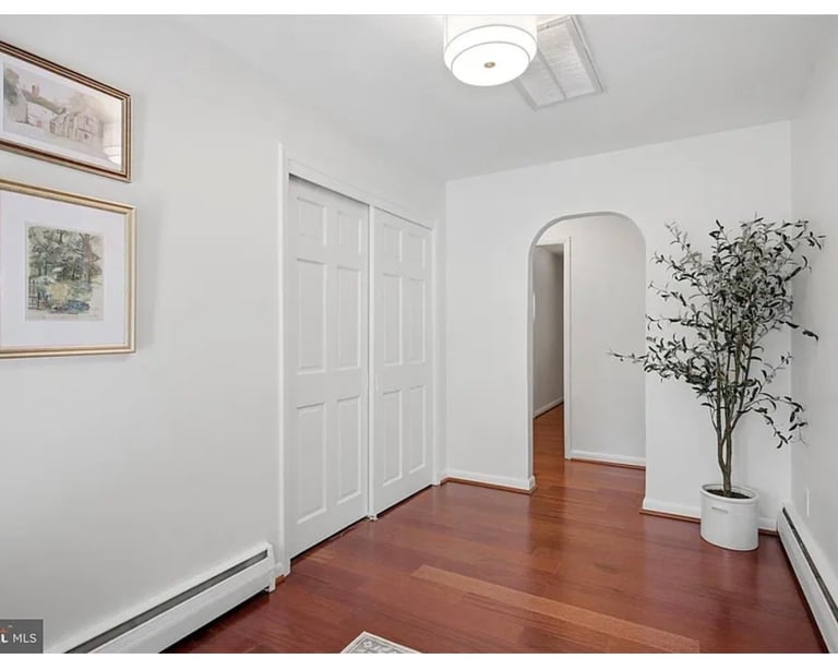 Bright entryway with white walls, hardwood flooring, closed white bi-fold closet doors, framed artwork, and potted plant in white vase