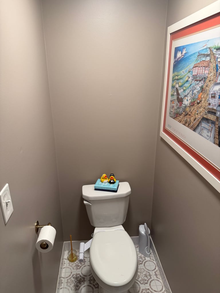 A small bathroom with a white toilet, toy ducks on the tank, paper towel dispenser, and framed coastal artwork on the wall