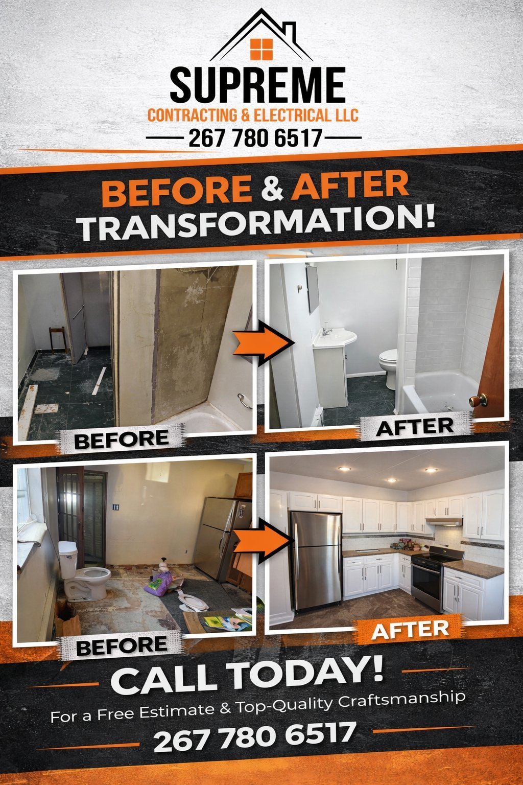 Supreme Contracting & Electrical LLC before and after home renovation showing bathroom and kitchen transformations