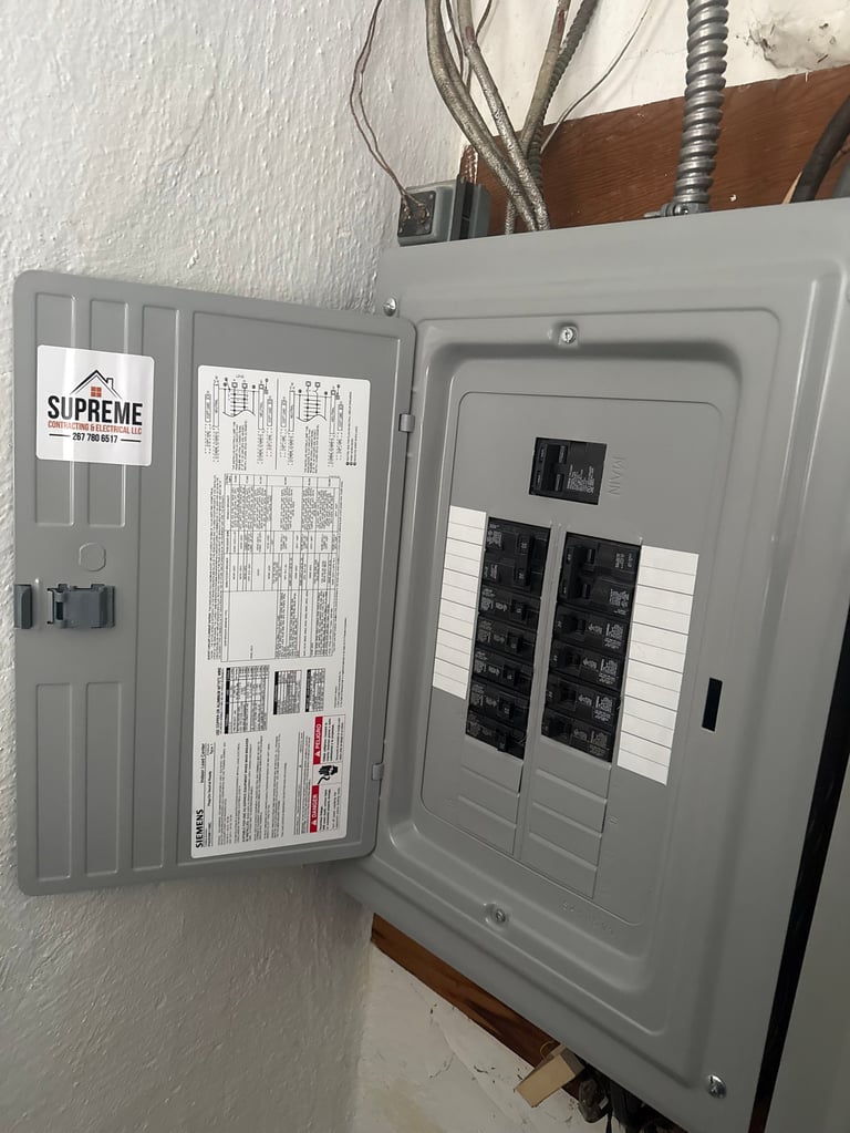 Open electrical panel showing circuit breakers and wiring with documentation attached to the door