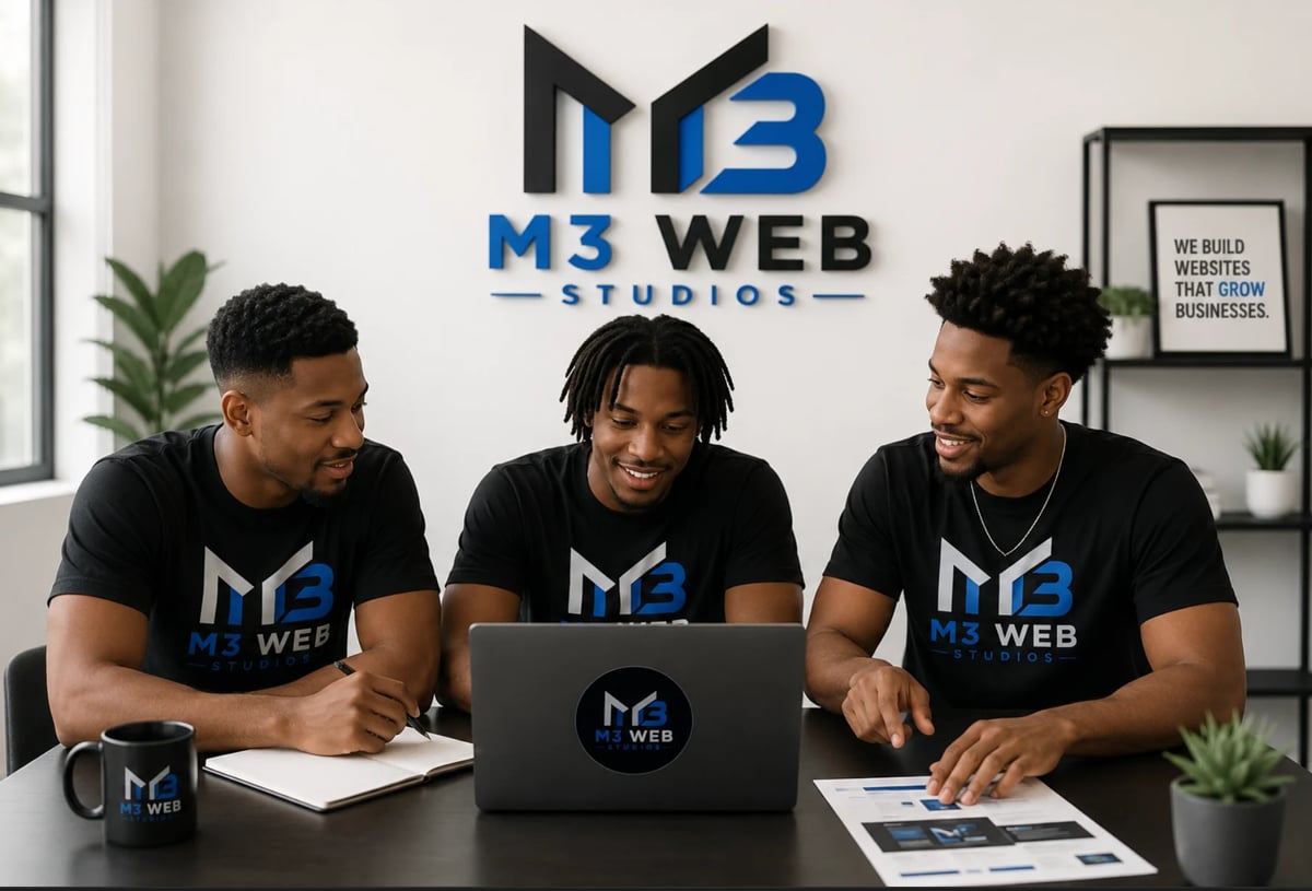 Three men wearing M3 Web Studios branded black t-shirts work together at a desk with a laptop, notes, and coffee mug in an office setting