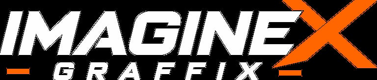 ImagineX Graffix logo with white text and orange X symbol, transparent background