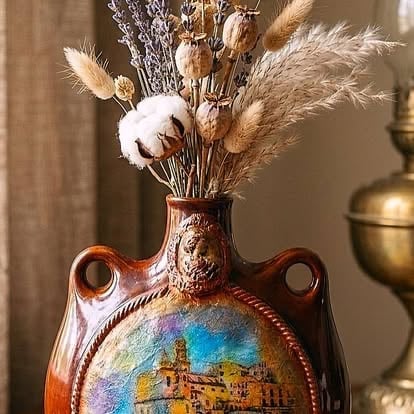 Decorative terracotta vase with landscape painting and dried flowers arrangement including pampas grass and cotton stems