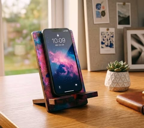Phone stand made of natural bamboo wood — hand-decorated