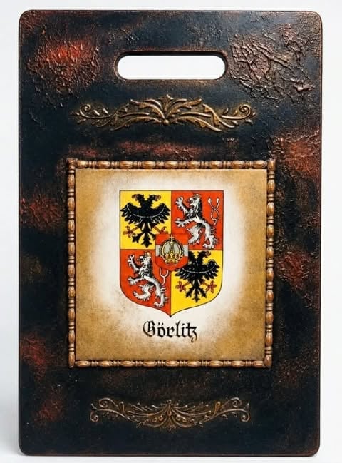 Decorative board with a historic PRL tile — Görlitz coat of arms, historical keepsake