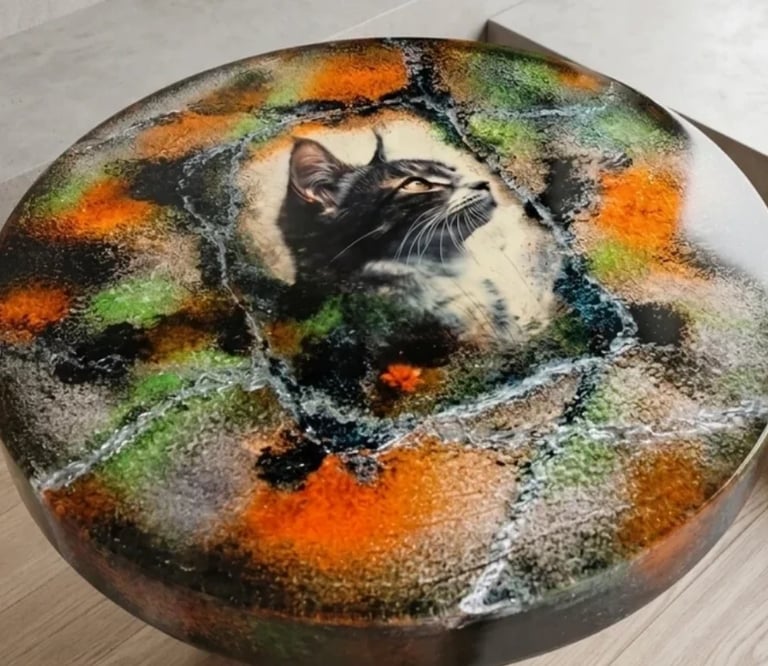 Epoxy resin art piece featuring a tabby cat portrait surrounded by colorful orange, green, and black crystalline or salt formations