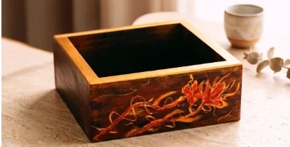 Unique Handcrafted Wooden Box – Golden Botanical Motif with Cherub