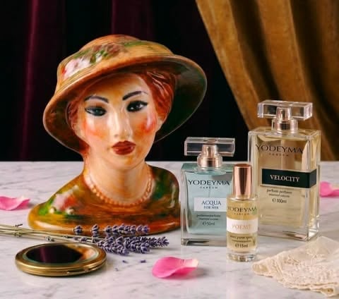 Decorative mannequin head wearing a gold hat next to Yodeyma perfume bottles and cosmetics on a marble surface