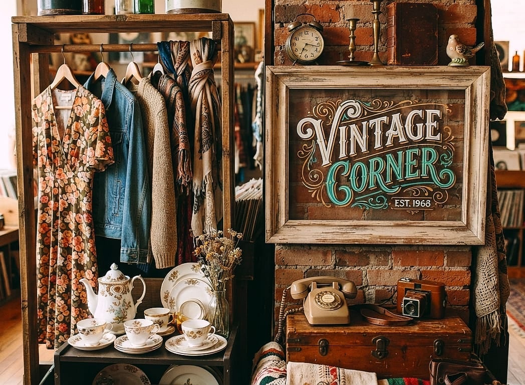 Vintage shop display with clothing rack on left, decorative sign reading Vintage Corner on right, and antique tableware and rotary phone below