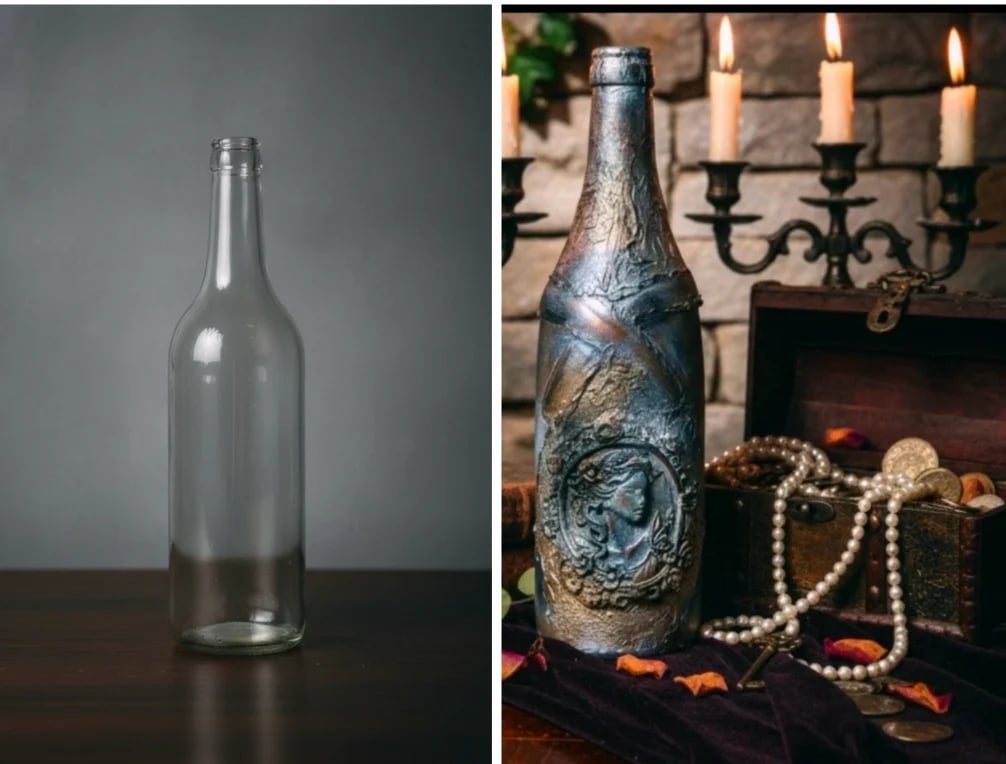 Two wine bottles displayed side by side: left shows an empty clear glass bottle on gray background; right shows an ornate labeled bottle among candles, pearls, and festive decorations