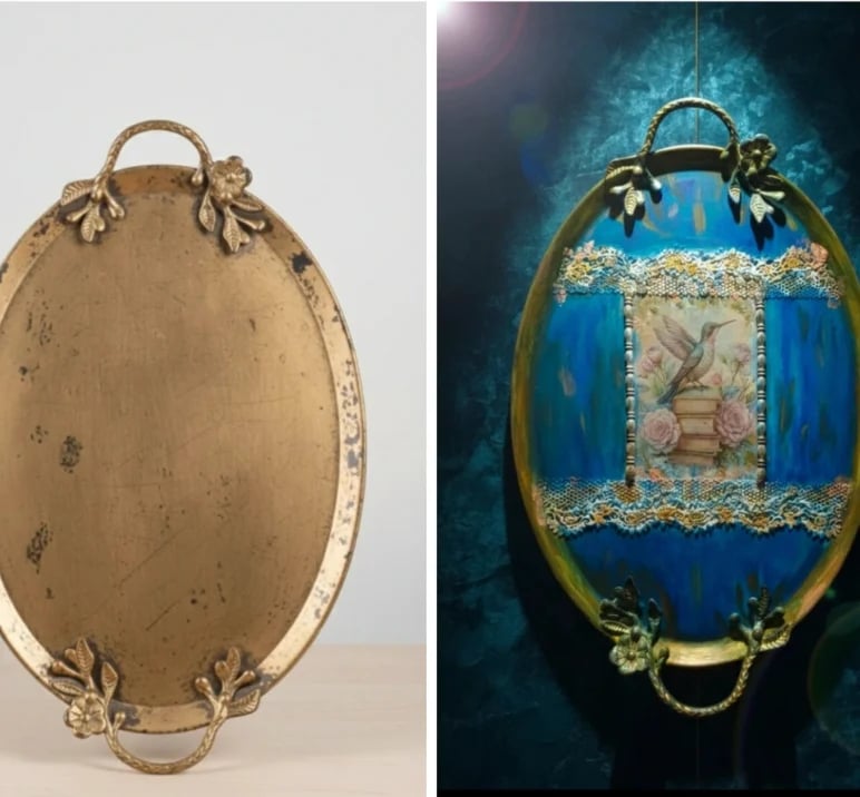 Two ornate oval cases shown front and back: left displays weathered gold exterior with decorative handles, right shows intricate interior with blue enamel, gold embellishments, and floral medallion portrait.
