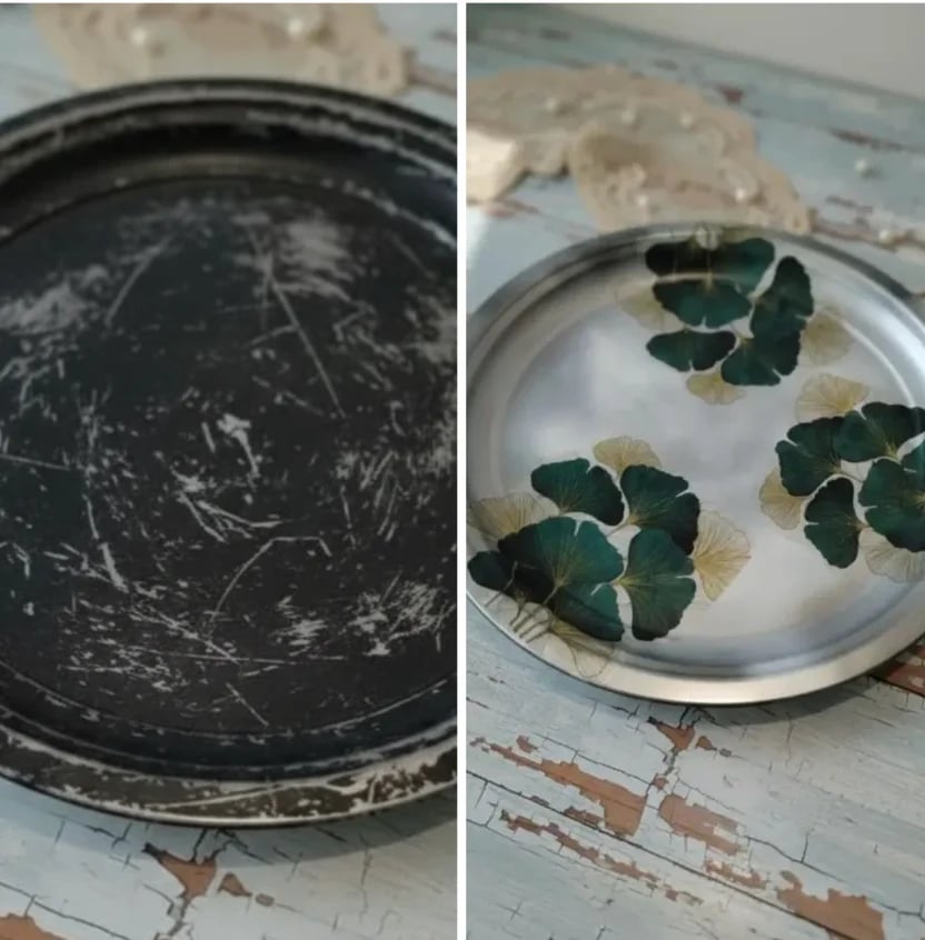 Before and after of a dark plate being cleaned with green leaves floating in water on the right side