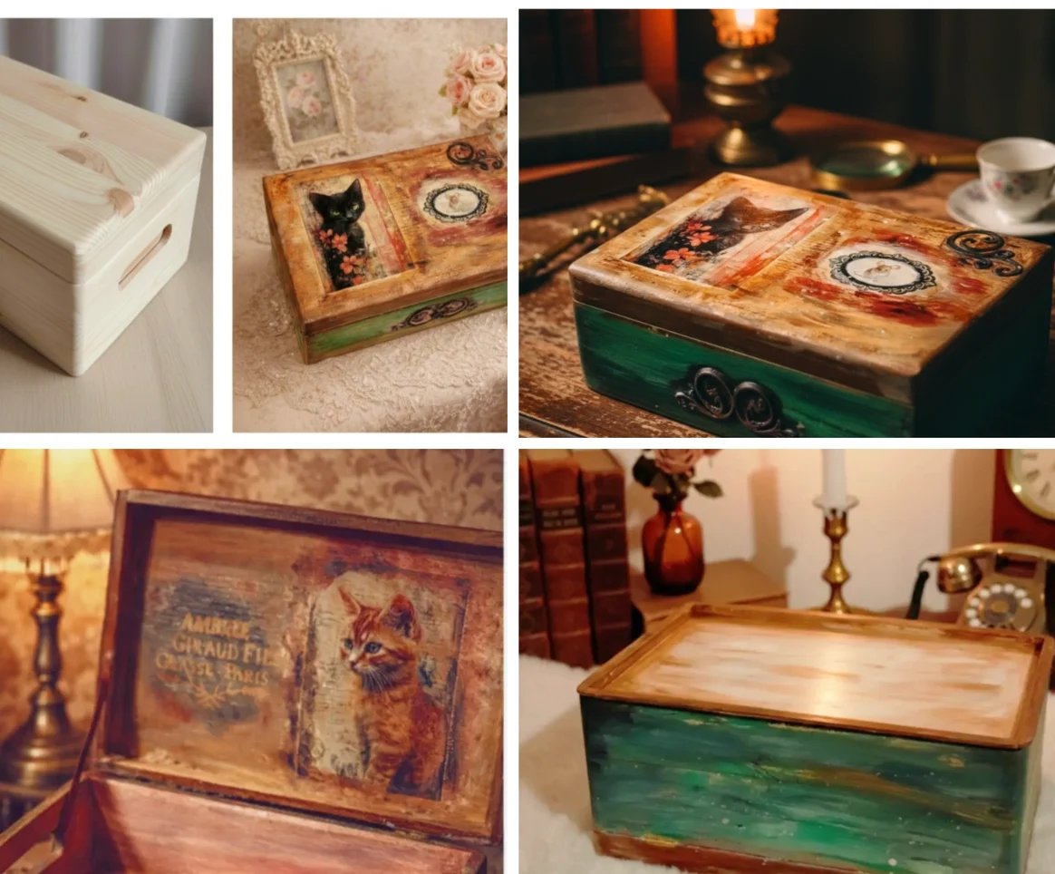 Collage of four decorative wooden boxes and storage containers with vintage designs, ornate finishes, and mixed finishes in green and natural wood tones