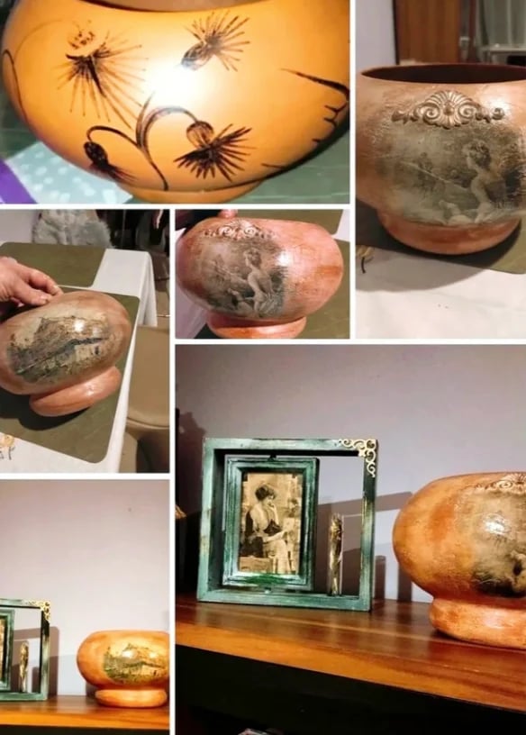 Collage of decorative pottery bowls and vessels with floral designs, nature imagery, and framed artwork displayed on surfaces