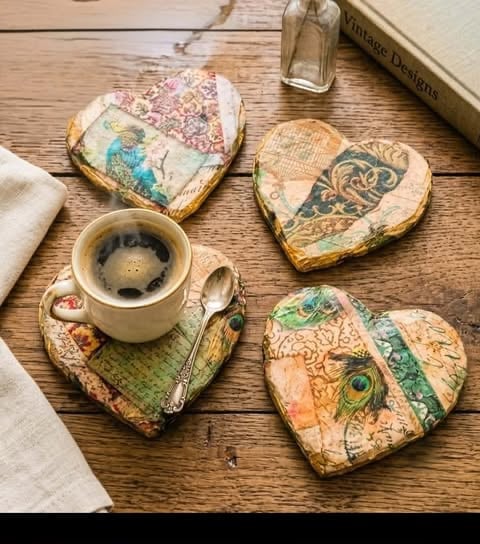 Slate stone coasters — retro/peacock, vintage handcraft