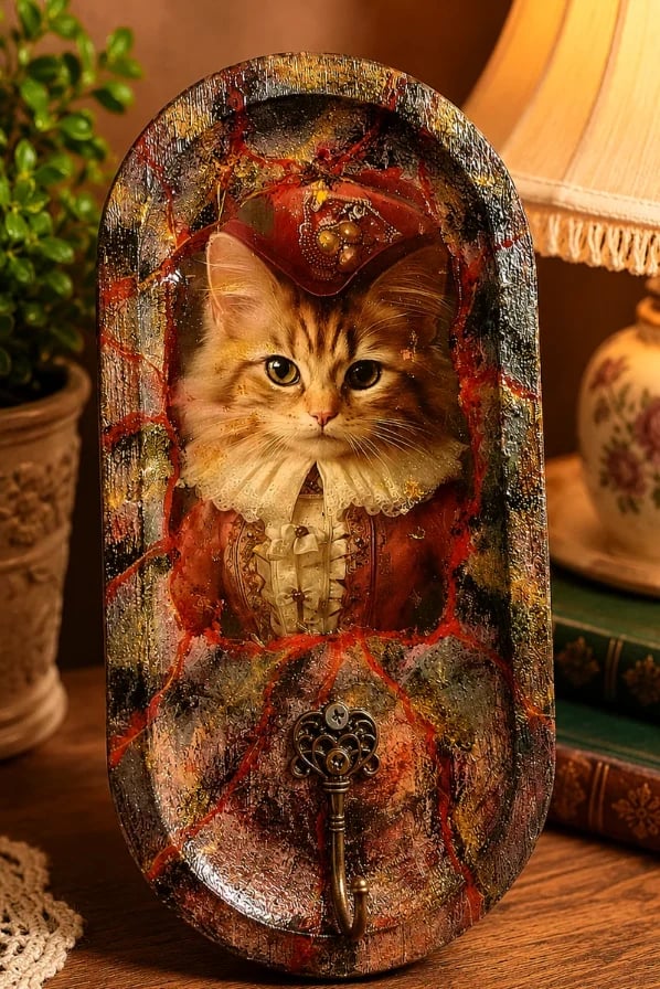 Atmospheric wall hook with a musketeer cat — retro Mixed-media Art, unique