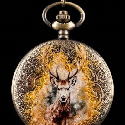 Ornate pocket watch with engraved deer head design and gold accents on black background