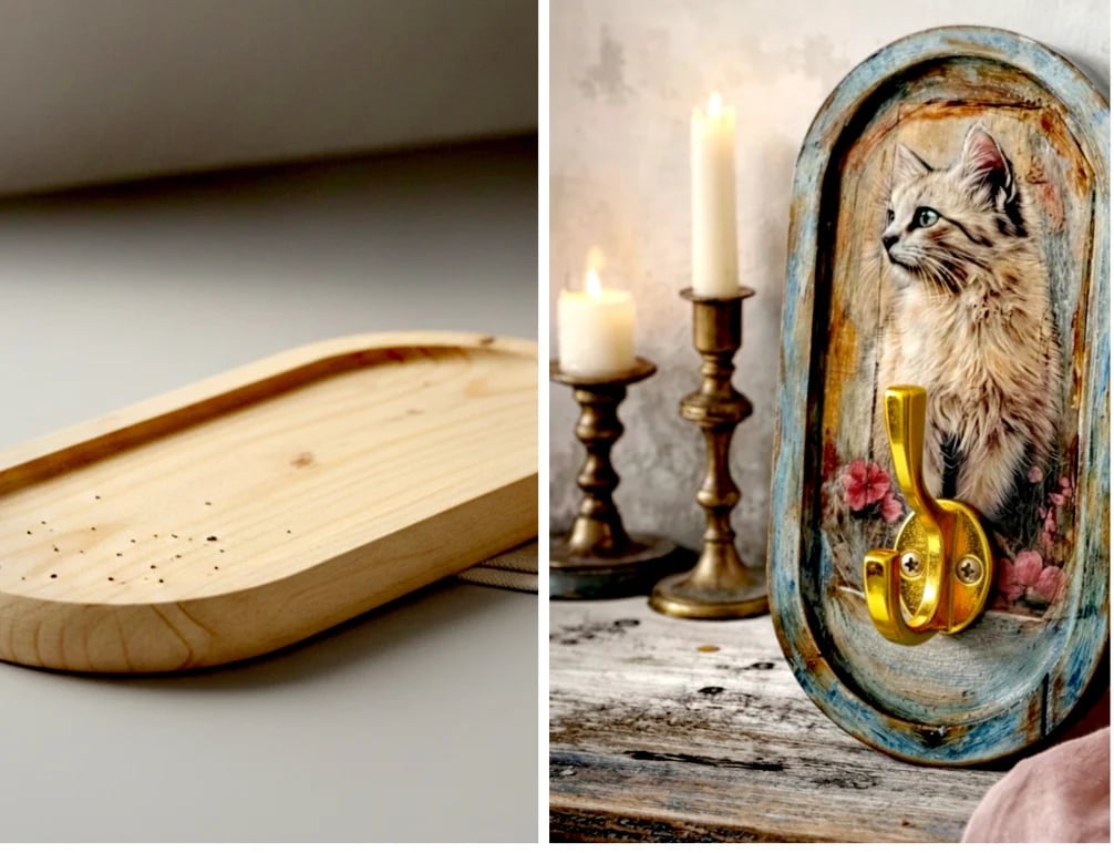 Left: wooden oval tray. Right: vintage wooden sign with cat portrait, lit candles, and decorative rings.