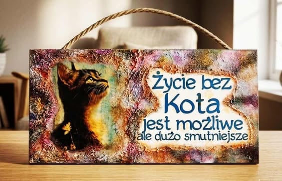 Richly decorated cat plaque with textures – handcraft / upcycling