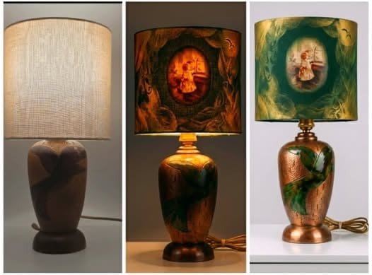 Three decorative table lamps with ornate ceramic bases and textured fabric shades in neutral, warm, and jewel tones