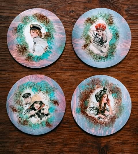 Wooden coasters vintage retro marina handcraft (set of 4) — maritime style