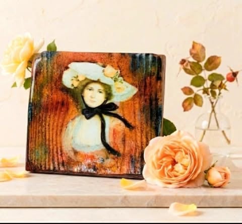 Vintage Czech wooden painting – girl with roses (1970s/80s)