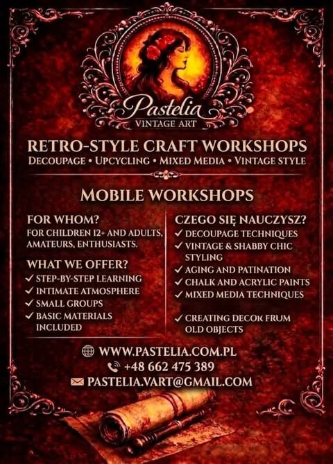 Pastelia Vintage Art mobile craft workshops flyer featuring retro-style decoupage and mixed media classes for children and adults