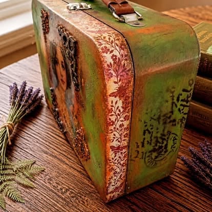 Vintage green suitcase with ornate red floral patterns on wooden surface with dried flowers and luggage tag