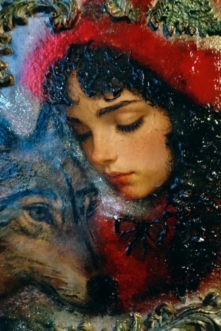 3D Mixed Media Structural Handmade Painting Little Red Riding Hood Scarlet Hood