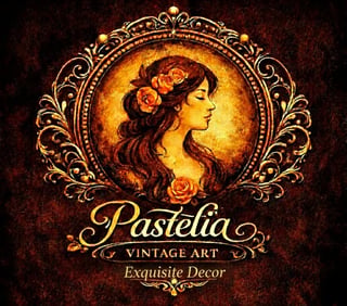 Pastelia vintage art logo featuring ornate gold frame with womans profile and roses on dark background