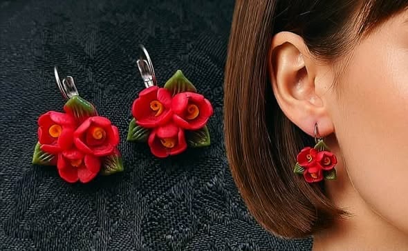Red flower polymer clay earrings displayed on dark fabric and worn on a models ear