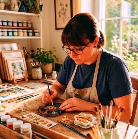 Woman artist with glasses and apron painting at wooden studio table surrounded by art supplies and plants