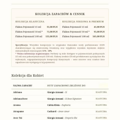 Polish fragrance collection price list showing classic and premium perfume sizes with women's scent names and brands