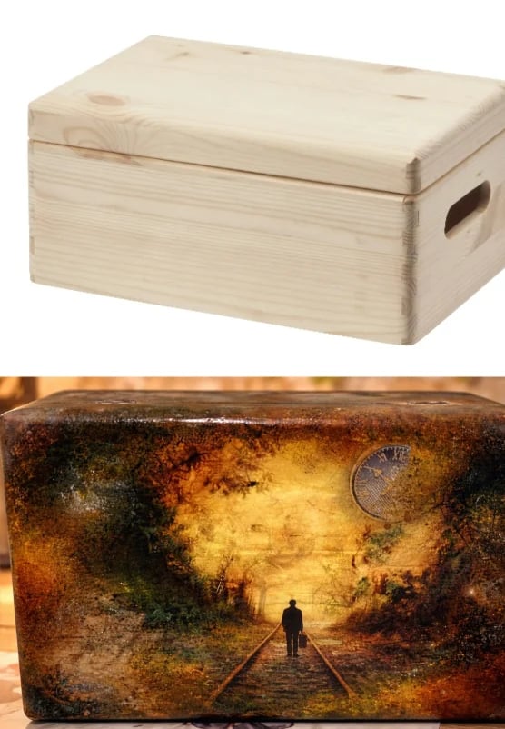 Two wooden storage chests shown - unfinished natural wood box on top, decorated fantasy chest with railway scene below