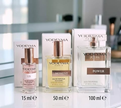 Yodeyma perfume bottles in three sizes: 15ml, 50ml Moment, and 100ml Power, displayed on a white surface