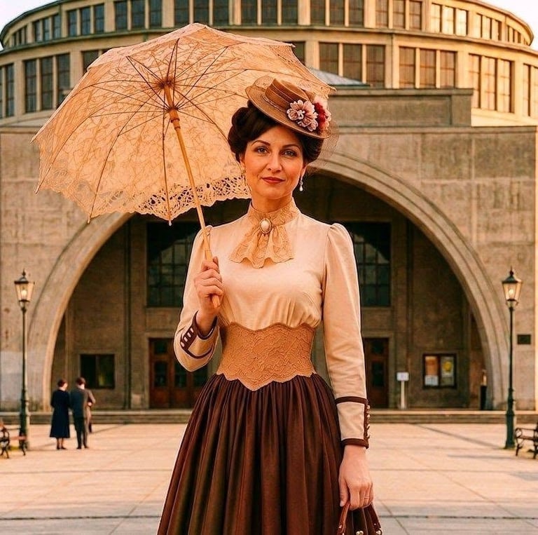Woman in vintage-style outfit with lace umbrella standing in front of grand arched building