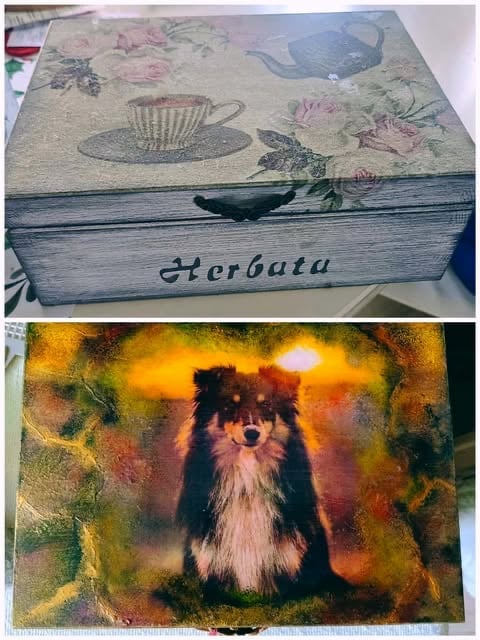 Two decorative wooden boxes. Top box features vintage floral tea illustrations with Herbata text. Bottom box displays a Rough Collie dog portrait with warm golden tones.