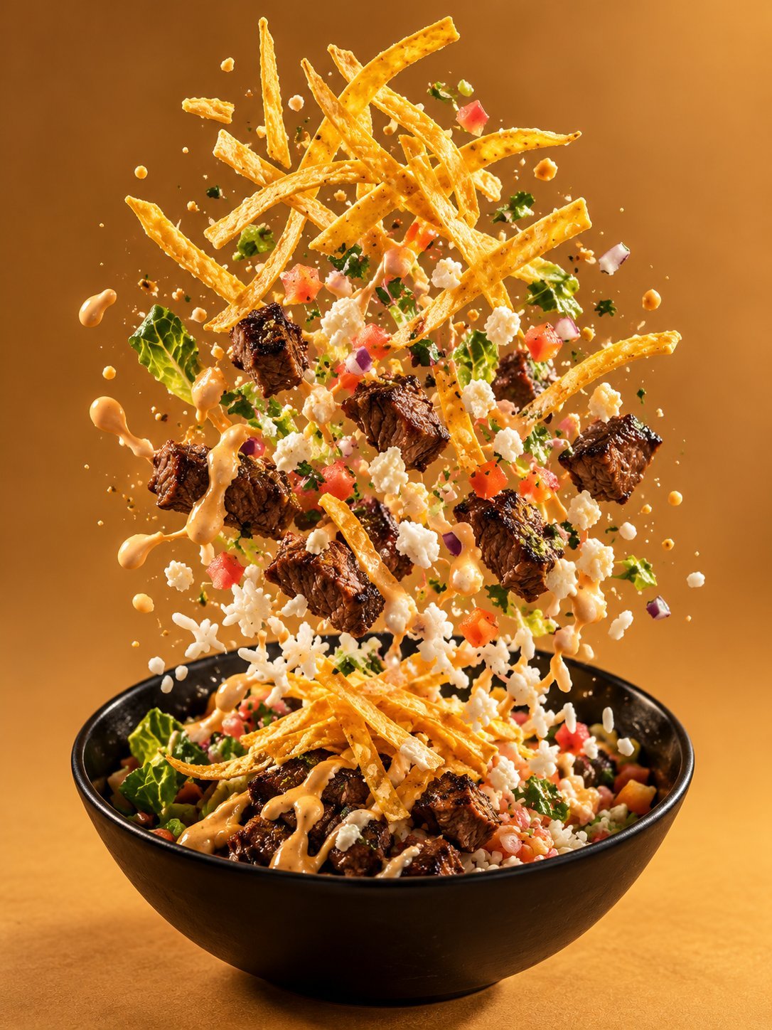 French fries, seasoned rice, diced vegetables, and beef chunks suspended above a black bowl on an orange background