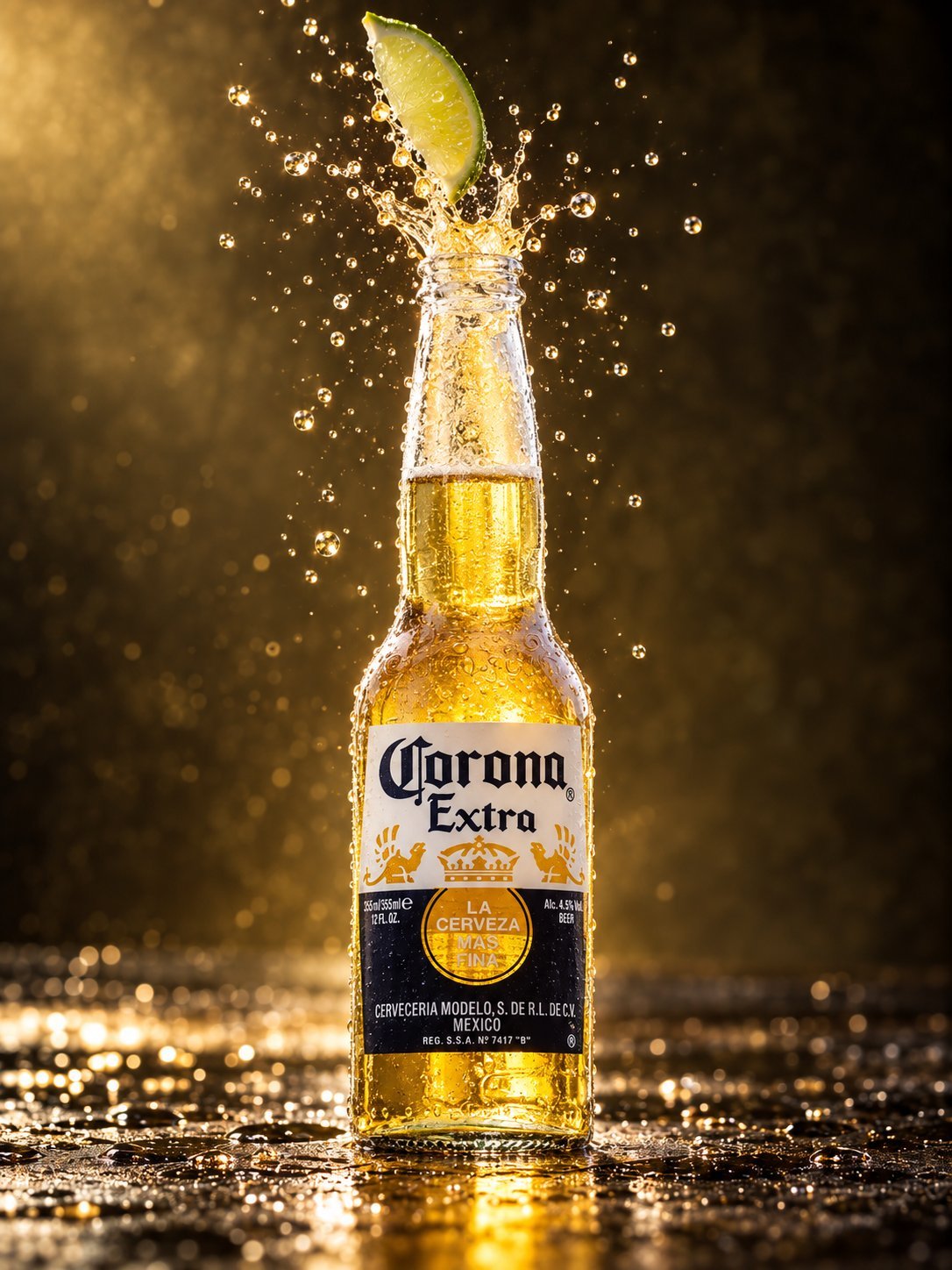 Corona Extra beer bottle with lime slice splashing out, liquid and bubbles frozen mid-air against golden bokeh background