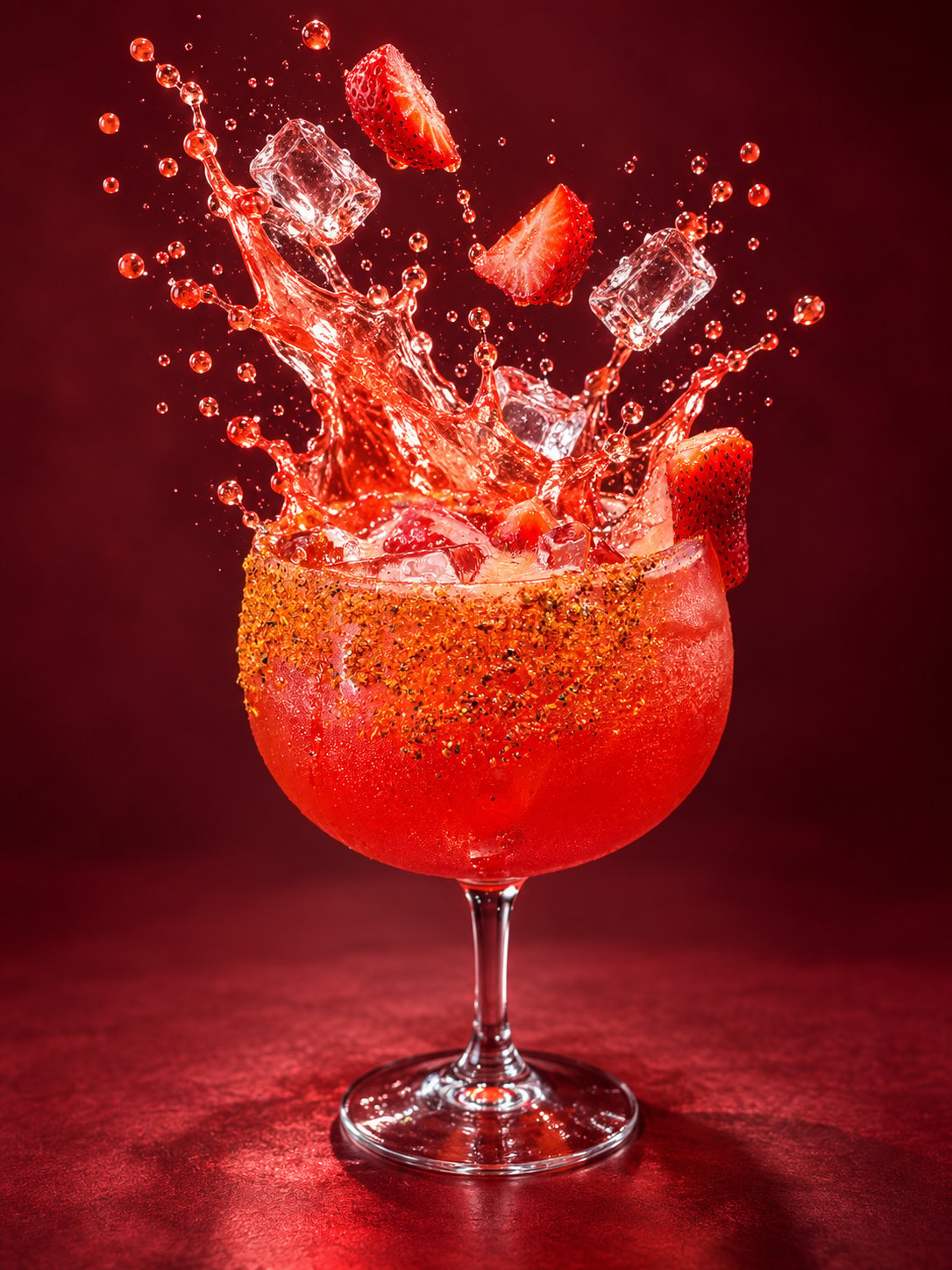 Red cocktail splashing dynamically in a glass with ice cubes and strawberry slices against a deep red background
