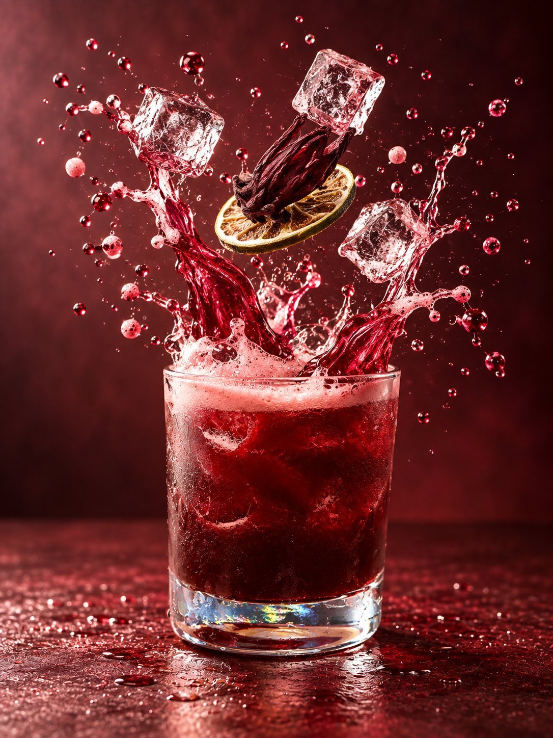 A glass of red cocktail with ice and lemon slice splashing dynamically against a deep red background with floating bubbles.
