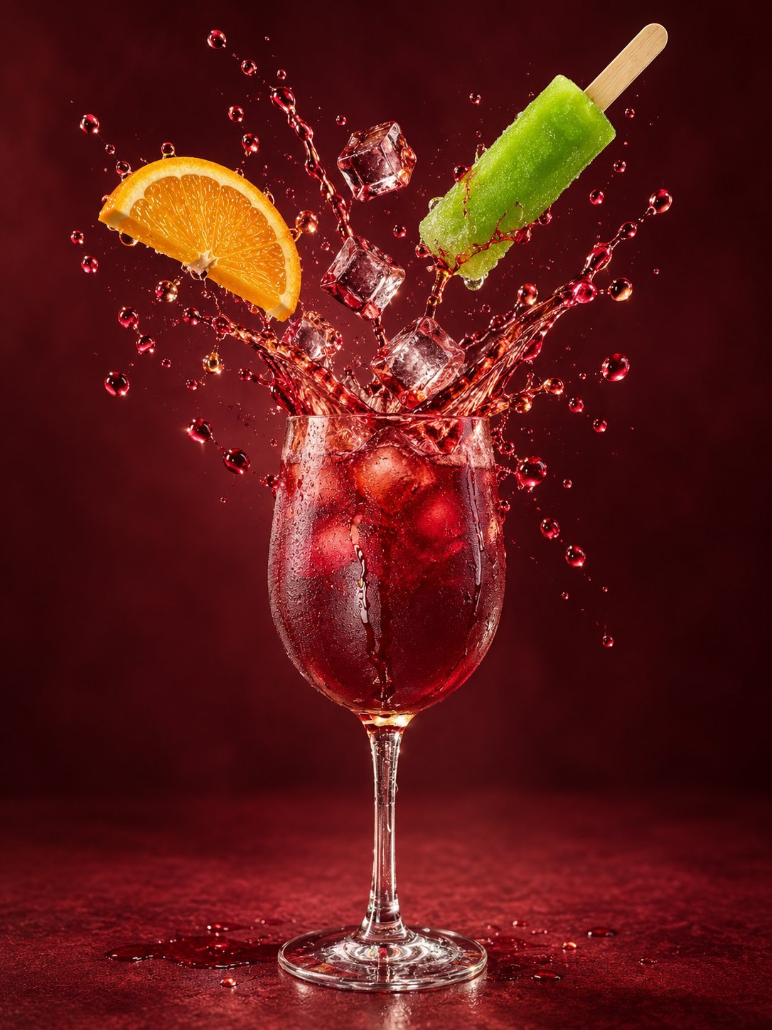A splash of a red beverage in a cocktail glass with an orange slice and lime popsicle against a deep red background