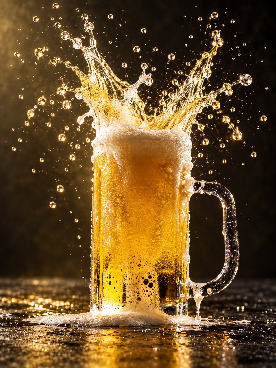 Beer mug with golden liquid splashing dramatically upward against a dark background