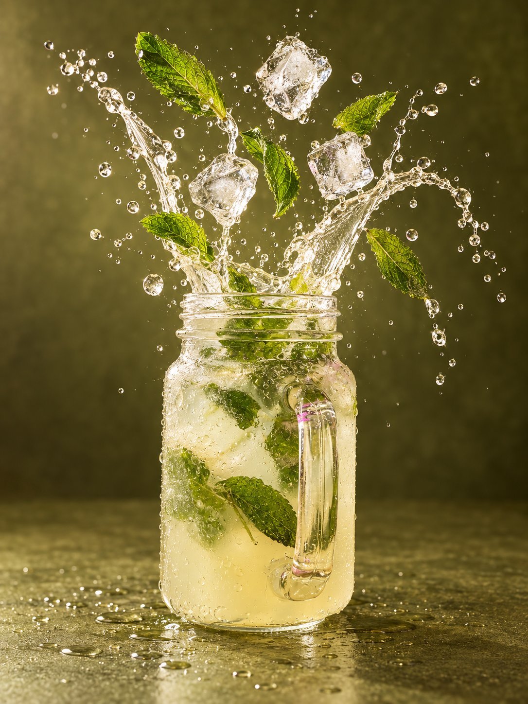 Mojito cocktail in a jar with ice cubes, fresh mint leaves, and liquid splashing dynamically against a golden-green background