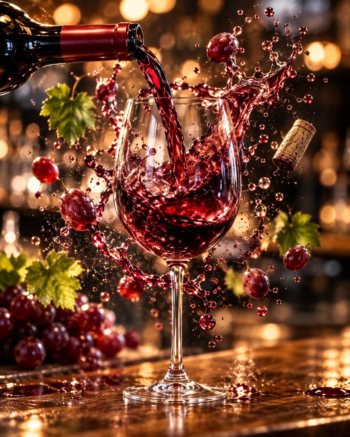 Red wine pouring into a glass with splashing liquid, grapes, and bokeh lights in the background