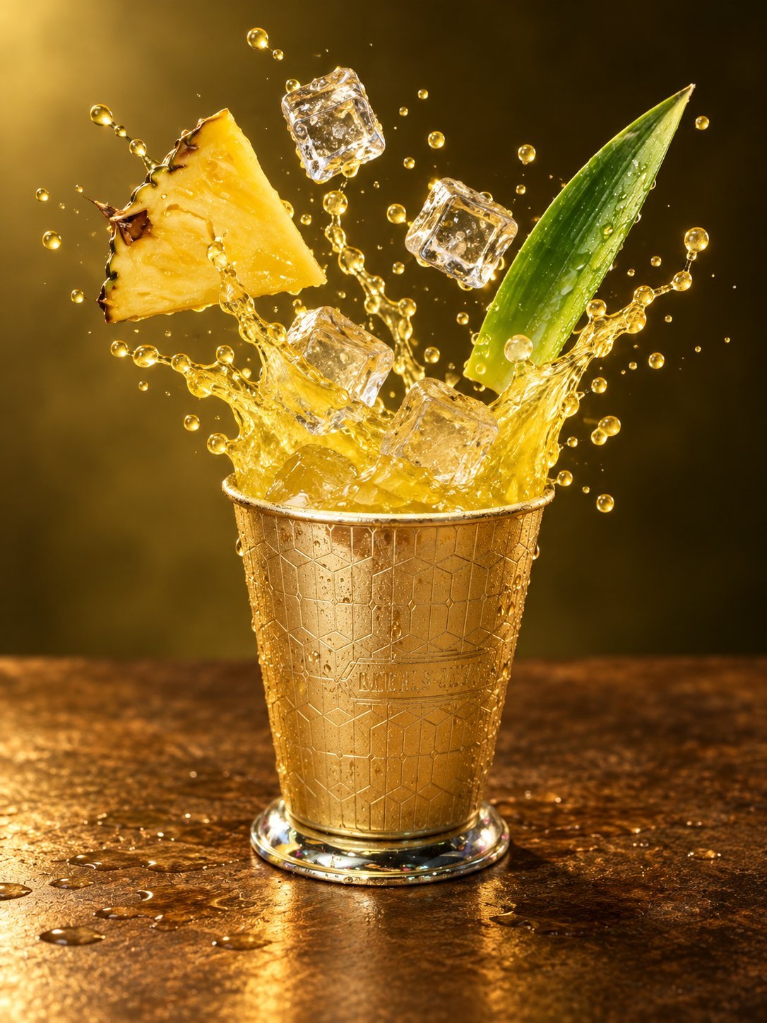 Golden drink splashing out of a glass with pineapple slice, ice cubes, and mint leaf against a warm brown background