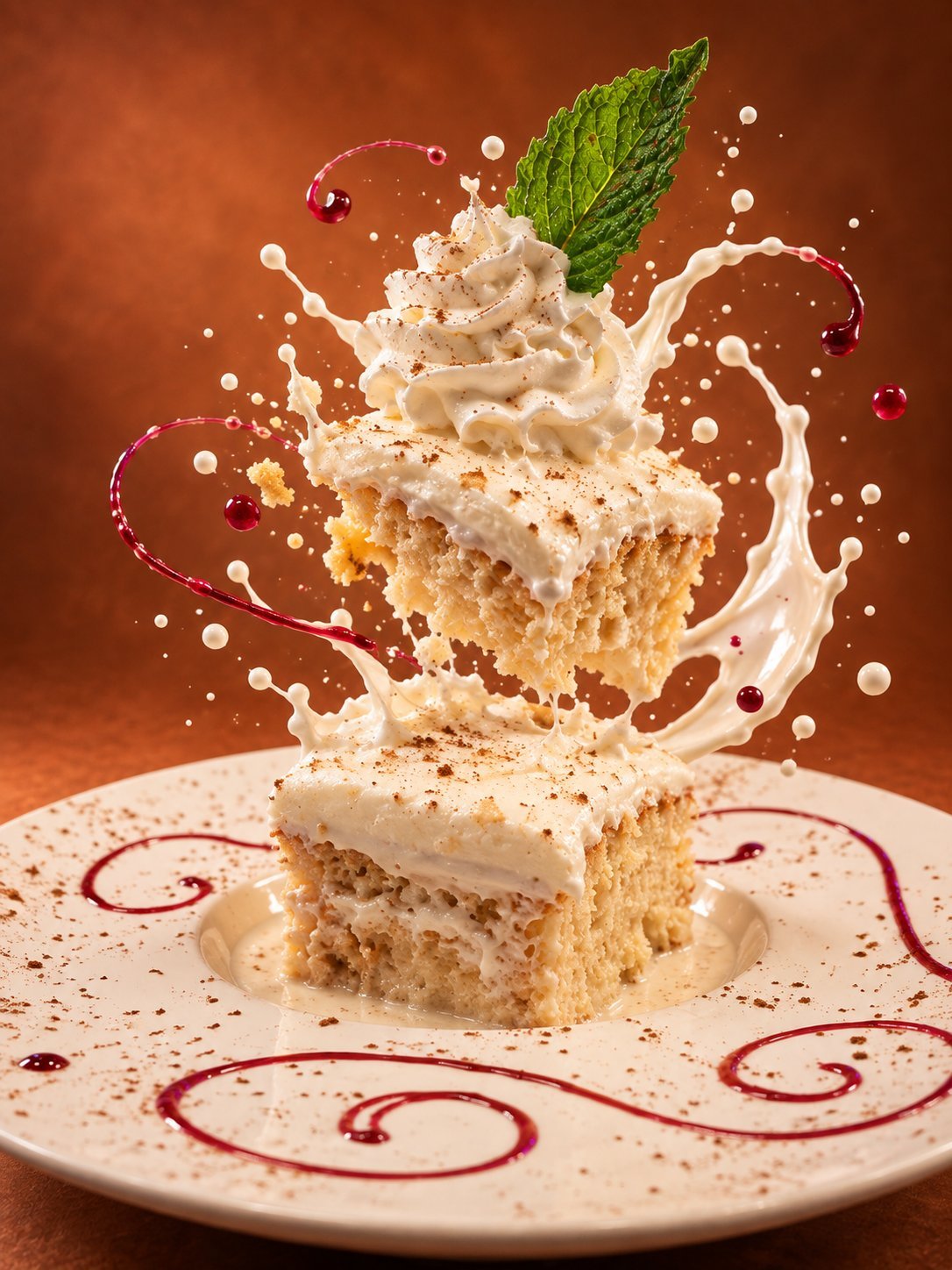 Stacked cake slices with whipped cream topping, cream splashes, and mint leaf against warm brown background